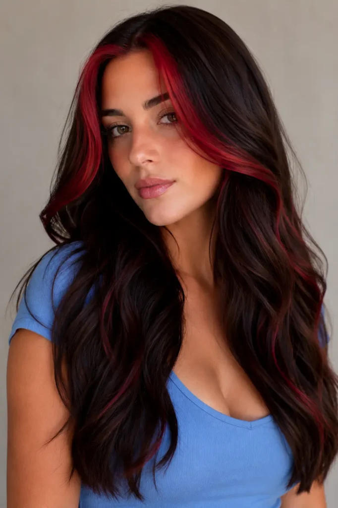 a 23-year-old white woman with long dark brunette wavy hair featuring bold cherry red money piece highlights, wearing a blue top against a neutral studio background.