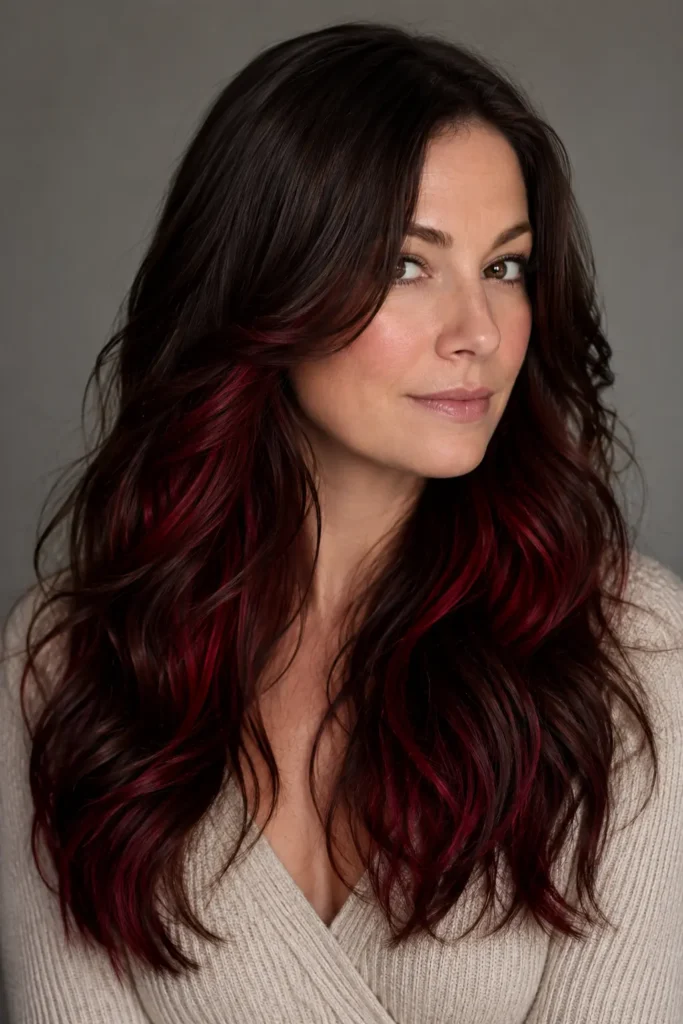 a white woman with long dark brunette hair featuring hidden cherry red peekaboo highlights beneath soft waves, wearing a light cream knit top against a neutral studio background.