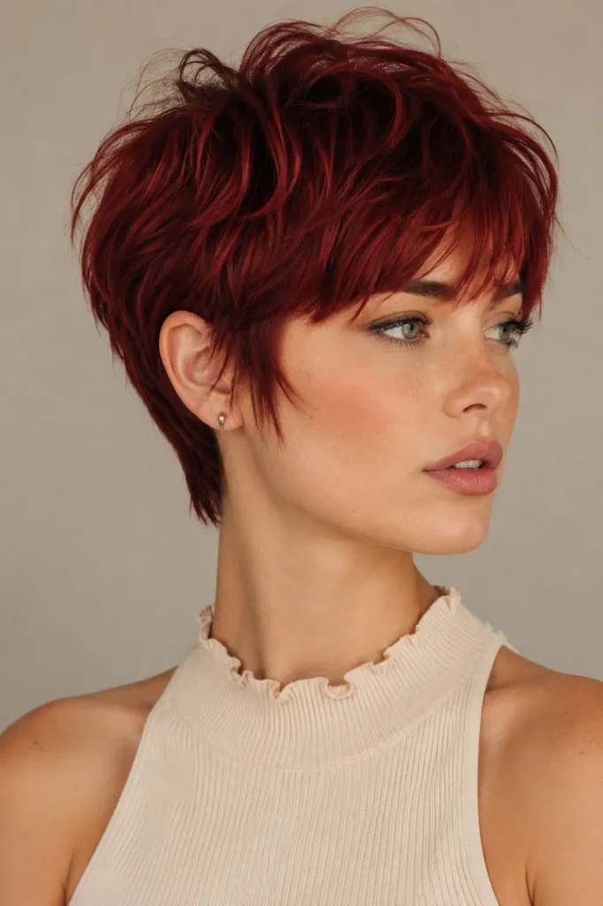 a 24-year-old white woman with a textured cherry red pixie haircut featuring layered ruby and crimson tones, wearing a light cream sleeveless top against a clean neutral background, with the glossy salon-styled haircut as the main focus.