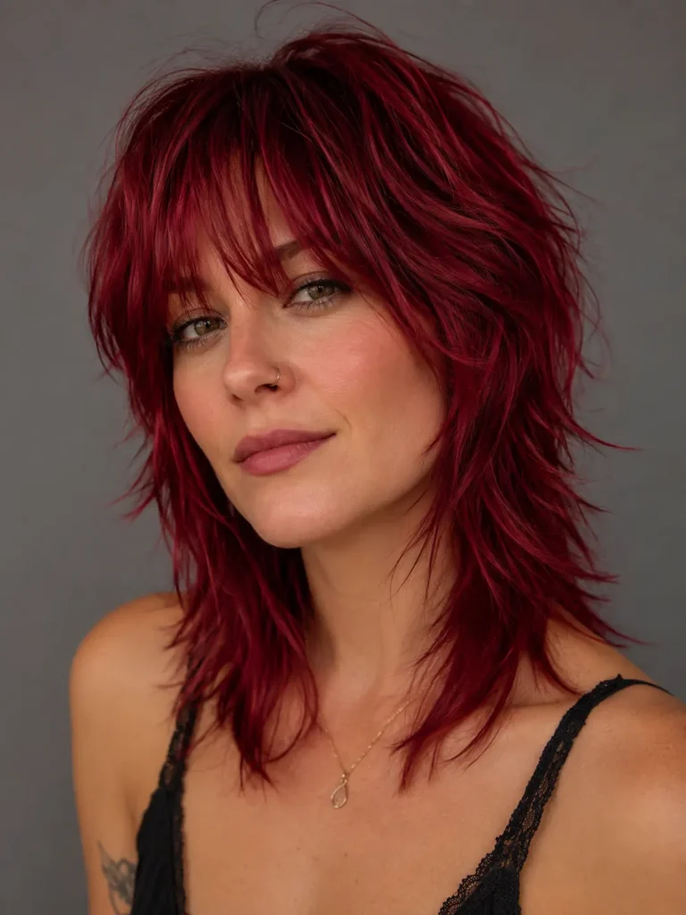 a white woman with a modern cherry red shag haircut featuring textured feathered layers, soft curtain bangs, and glossy ruby, crimson, and burgundy tones against a neutral studio background.