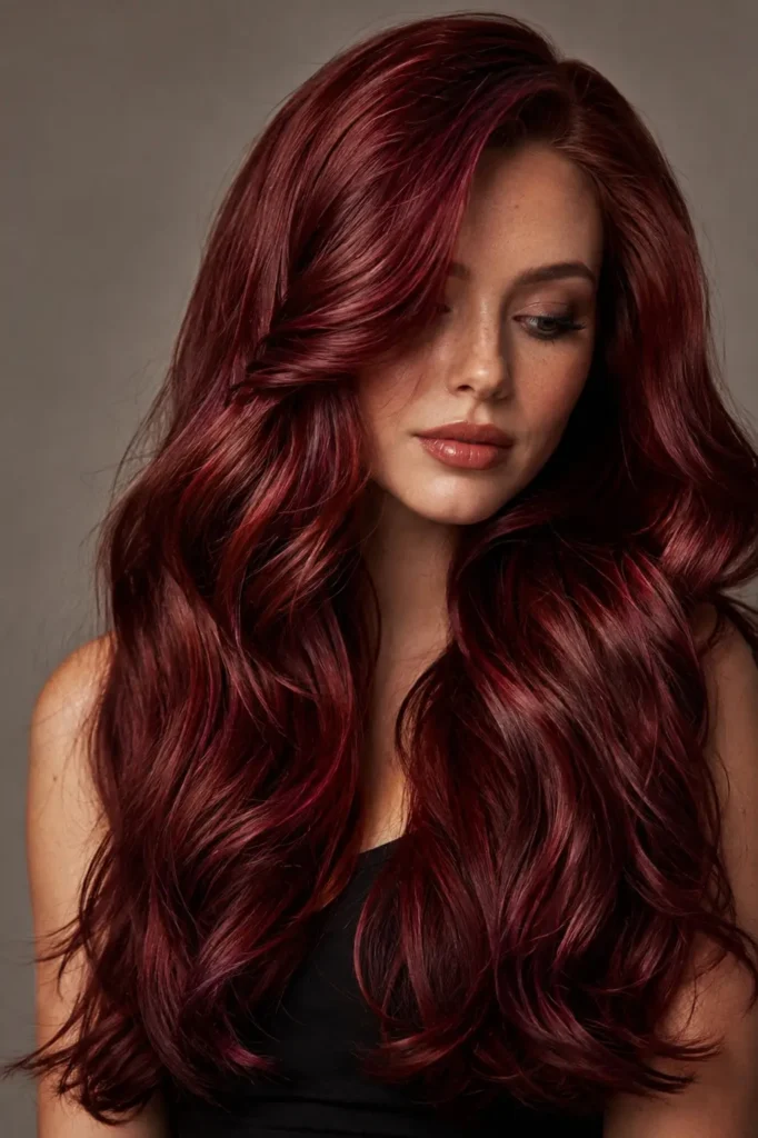 Luxurious cherry red velvet hair with long silky waves in deep ruby, burgundy, crimson, and dark cherry tones.