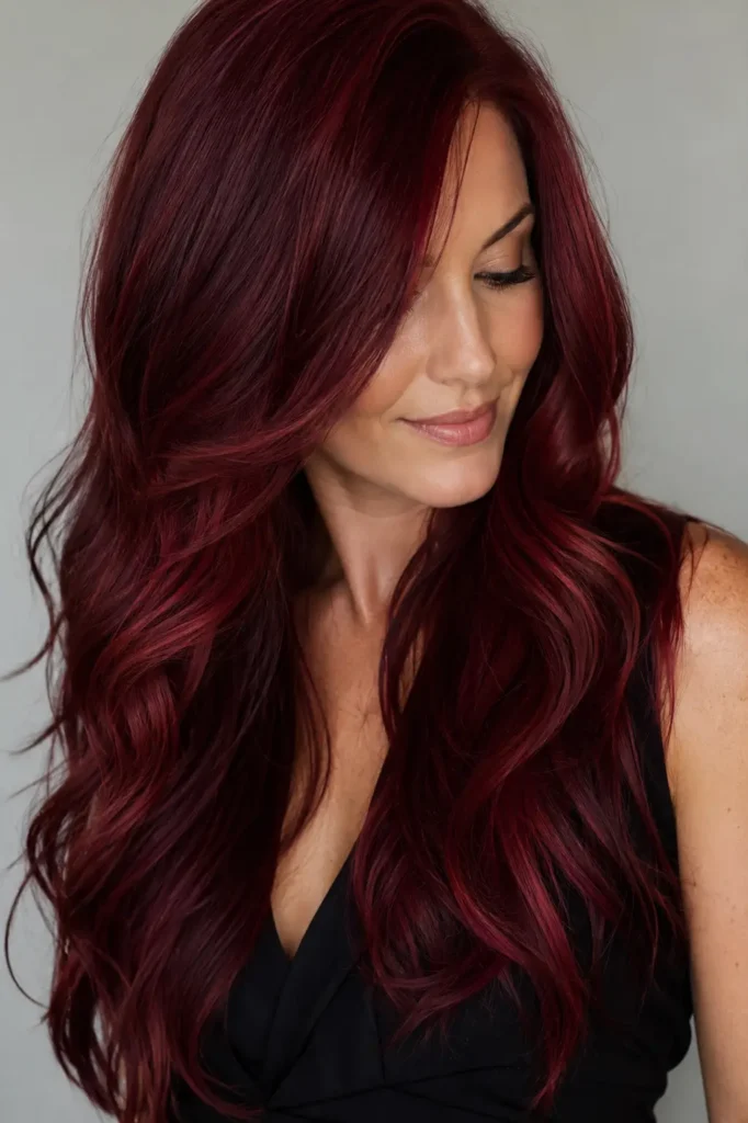 a white woman with long, flowing cherry red wine hair in glossy loose waves, featuring rich merlot, ruby, crimson, and burgundy tones against a neutral studio background.