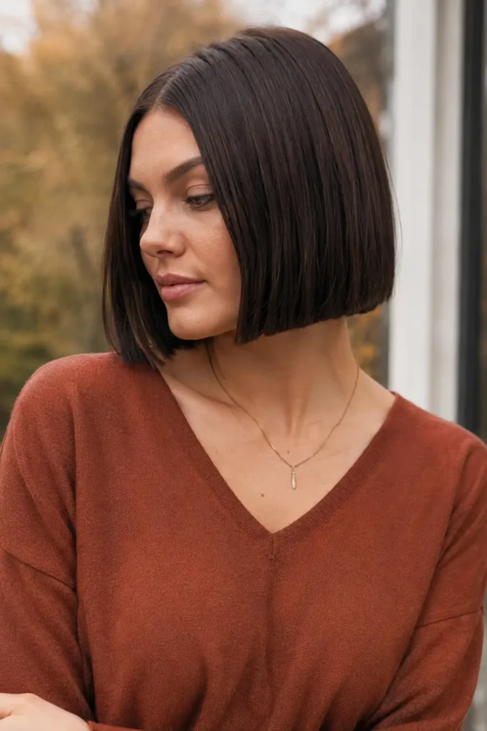 white woman in her late 20s wearing a rust-colored sweater, showcasing a sleek chin-length blunt brunette bob with a precise center part and clean, straight ends in soft autumn daylight.