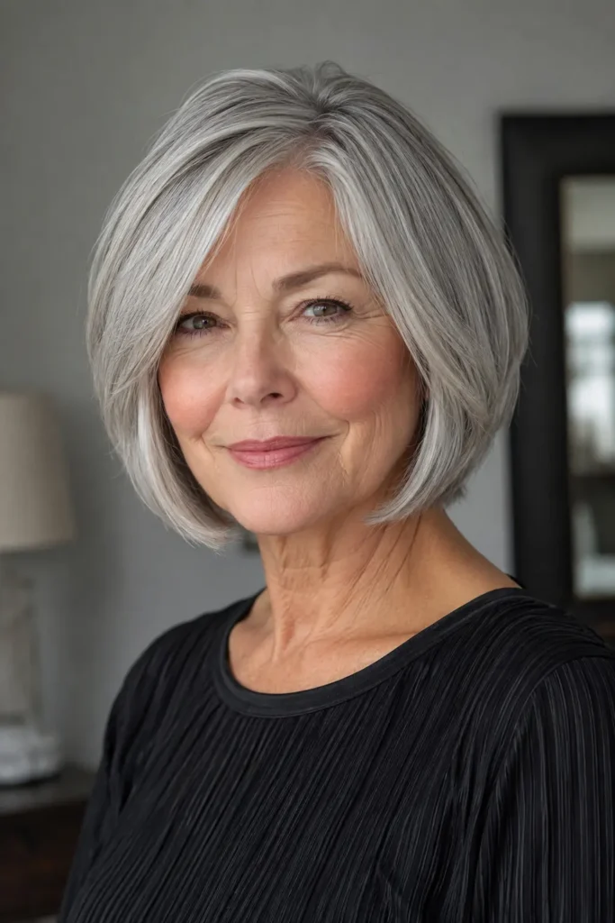 64-year-old white woman with a chin-length layered silver bob featuring lifted crown volume and softly textured ends.
