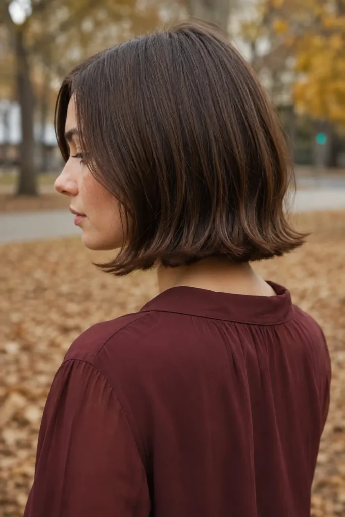 woman with a chin-length sleek brown bob, center part, and softly flipped-out ends, wearing a burgundy blouse in natural autumn light.