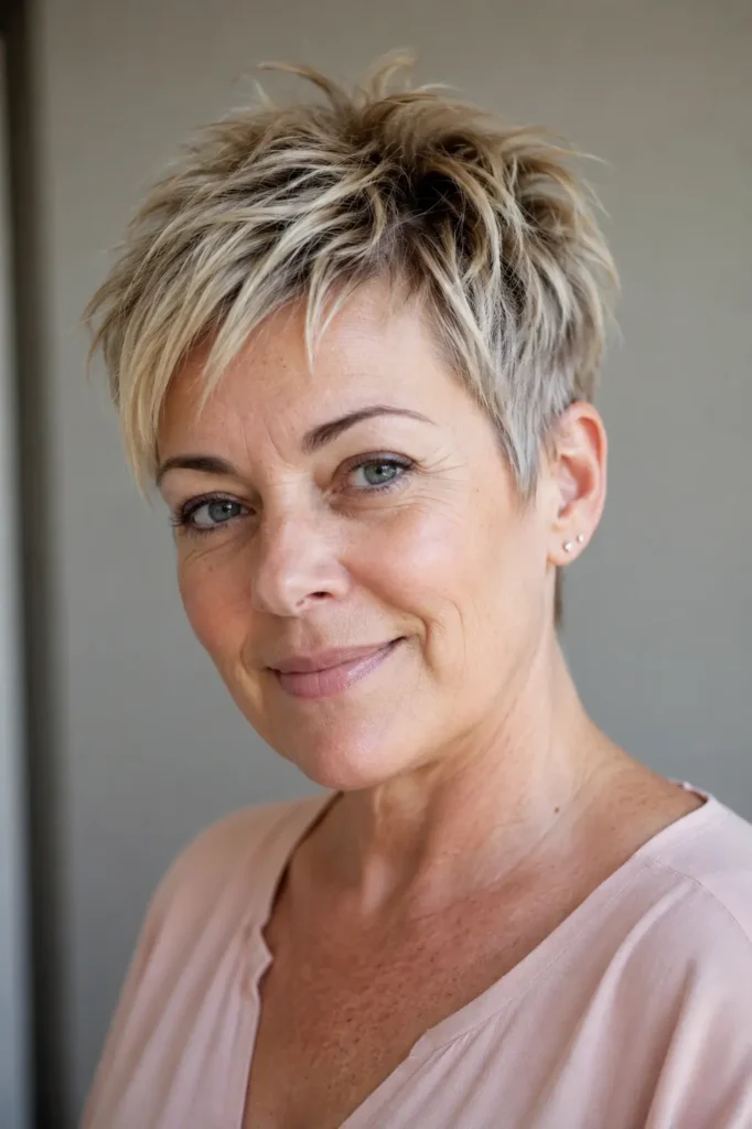 Mature white woman with an edgy choppy blonde pixie haircut, darker roots, tapered sides, and textured piecey crown layers.
