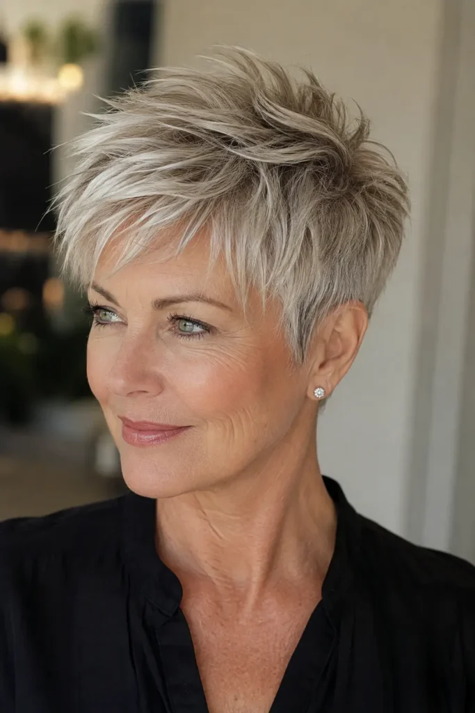mature woman with a modern choppy silver-blonde pixie haircut featuring curved crown layers, tapered sides, and textured ends.