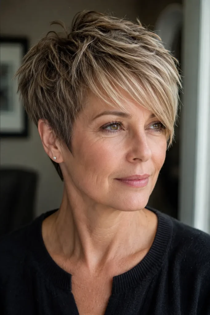 Mature woman over 50 with a choppy pixie haircut, long side-swept bangs, tapered sides, and layered crown in natural window light.
