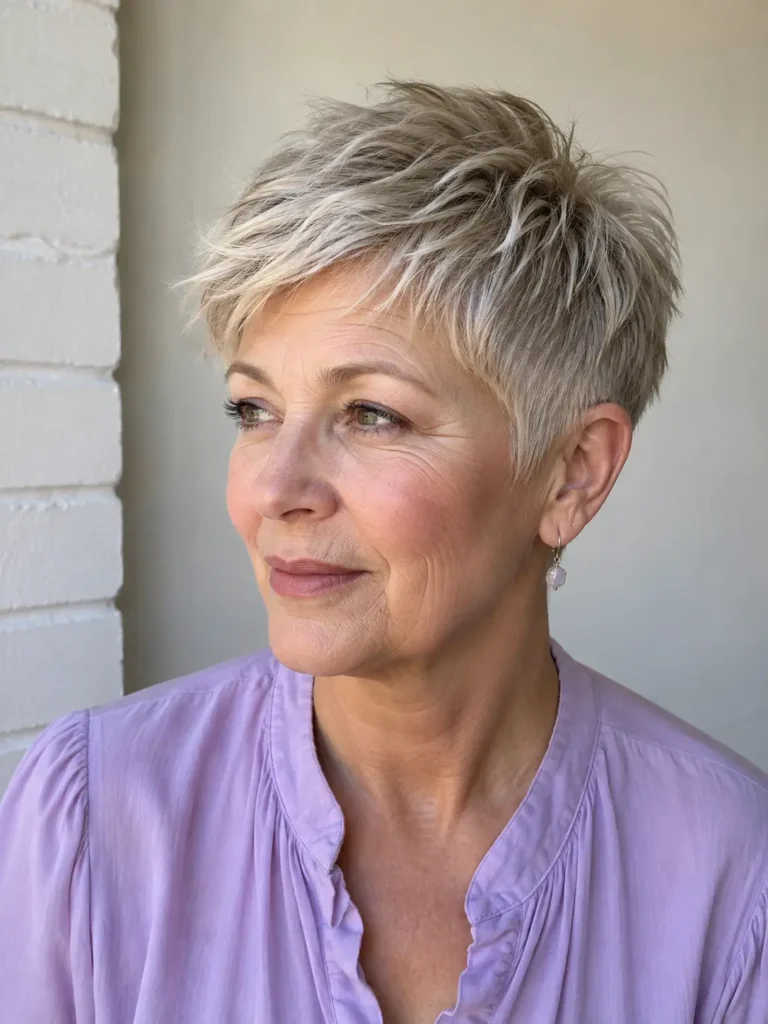woman over 50 with a longer textured silver-blonde choppy pixie, closely tapered sides, and natural mature features, wearing lavender clothing.