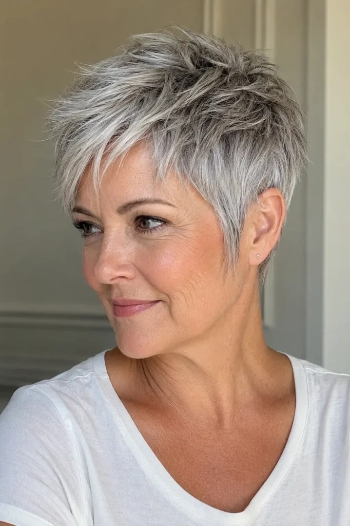 white woman with a choppy silver-gray pixie haircut, textured layers, tapered sides, and piecey sideburns, shown in three-quarter view.