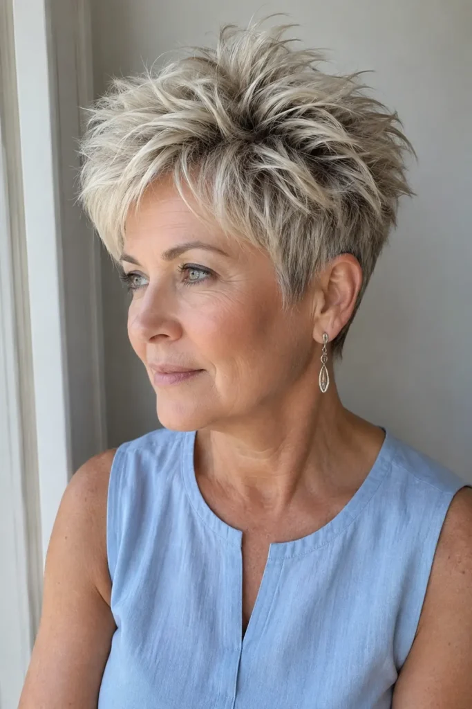 woman over 50 with a voluminous choppy silver-blonde pixie haircut, featuring a heavily layered crown, tapered sides, and textured piecey ends.