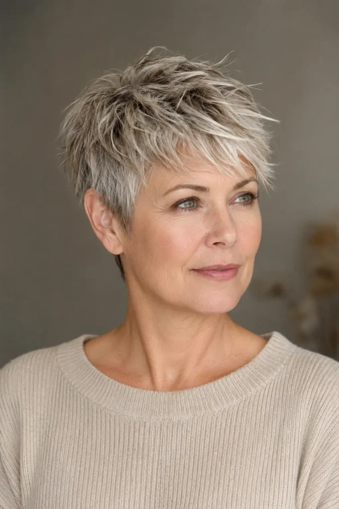 woman over 50 with a modern Edgy Choppy Pixie Haircuts for Women Over 50 in natural gray-blonde hair, photographed in a close three-quarter portrait with realistic mature features and natural skin texture.