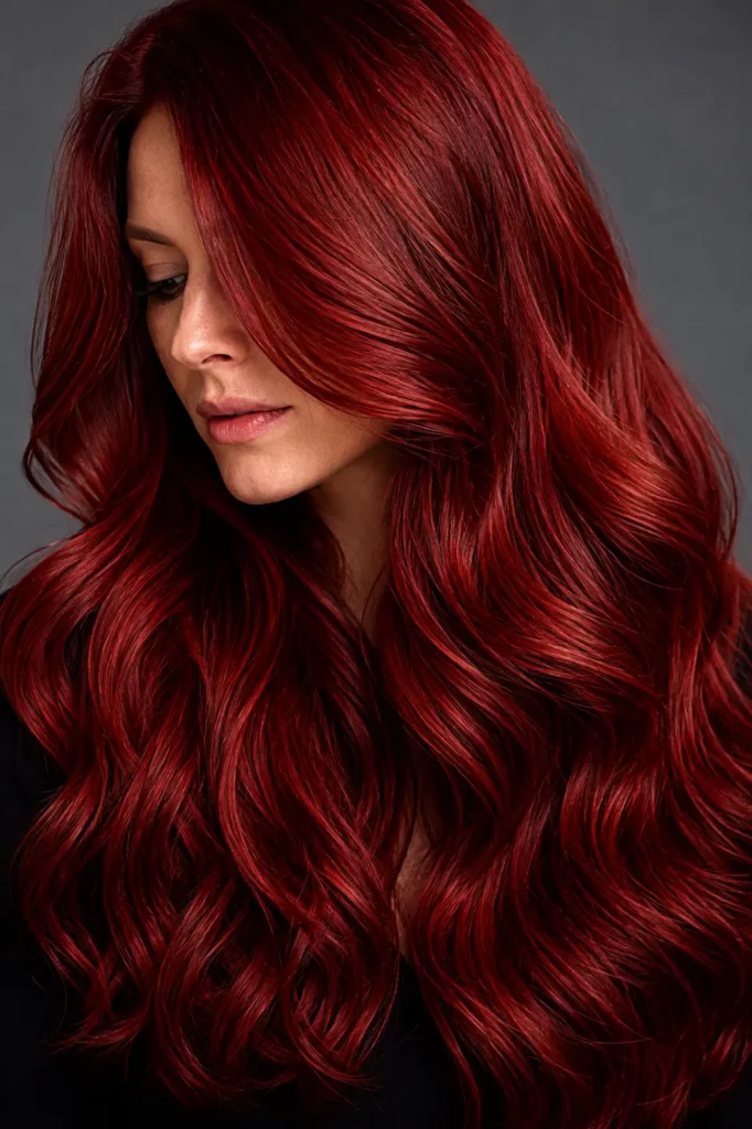 woman with long, luxurious cherry red hair styled in voluminous glossy waves, showcasing a rich ruby-crimson hair color in an elegant studio portrait.