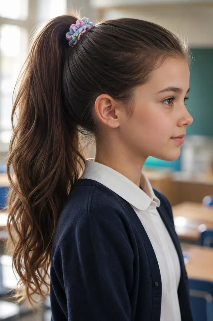 Young white girl with a neat high ponytail secured by a pastel scrunchie, smooth brushed sides, and a softly voluminous ponytail, wearing a school blouse and cardigan in a bright, softly blurred classroom with natural morning light.