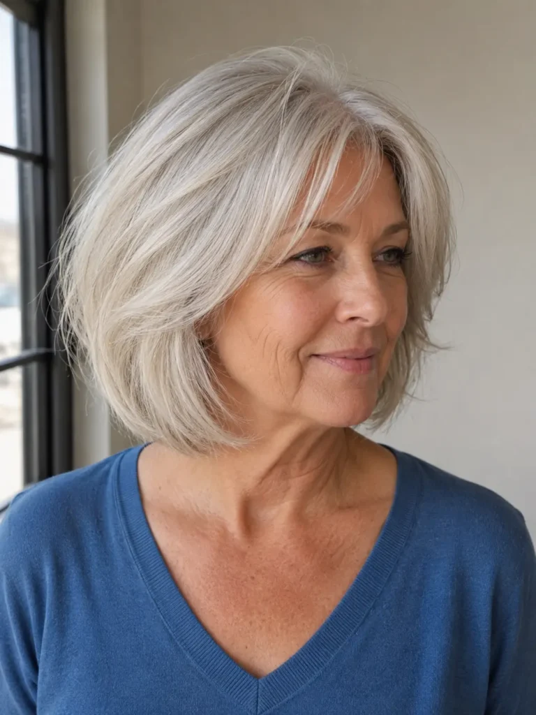 A mature white woman around 65 with a classic layered silver-white bob and soft center-parted curtain bangs, shown in three-quarter view against a neutral background in natural light.