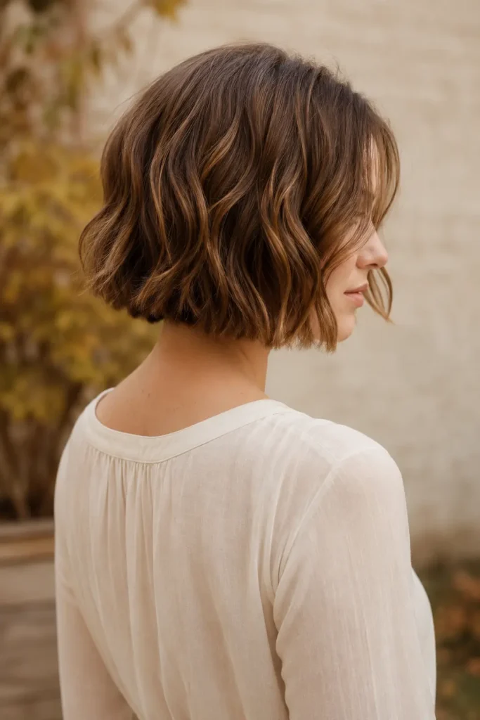 woman in her late 20s with a chin-length medium-brown bob featuring soft loose waves and subtly warm dimension, shown from a three-quarter rear view in a lightweight ivory blouse.