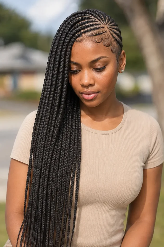 Classic side-swept lemonade braids on a real Black woman with neat feed-in cornrows, laid baby hairs, and long waist-length braids over one shoulder in a natural outdoor portrait.