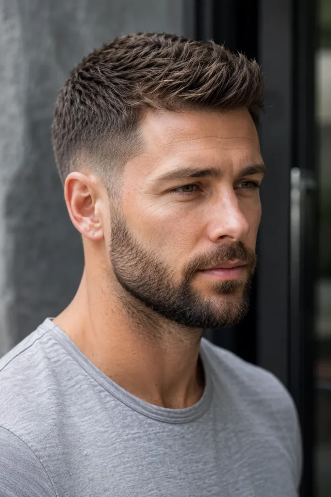 White man with a textured fade haircut in a barbershop.