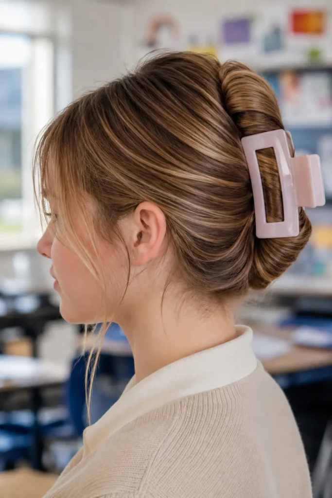 Older school-aged white girl with a twisted updo secured by a large pastel claw clip, wearing a beige school cardigan in a softly blurred classroom with natural window light.