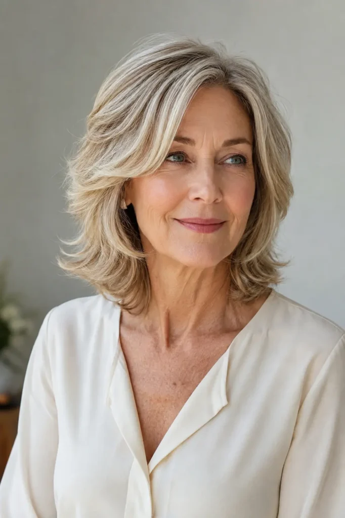 mature woman with a collarbone-length layered haircut for thin hair, featuring soft waves, lifted roots, face-framing layers, and full-looking ends, photographed in natural daylight.