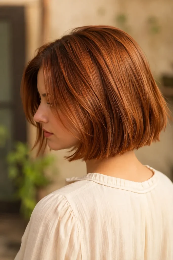 white woman in her late 20s with a glossy chin-length copper bob, rich auburn-copper hair, smooth softly moving ends, and realistic individual strands, shown from a three-quarter rear-side view in a cream blouse with natural autumn lighting.