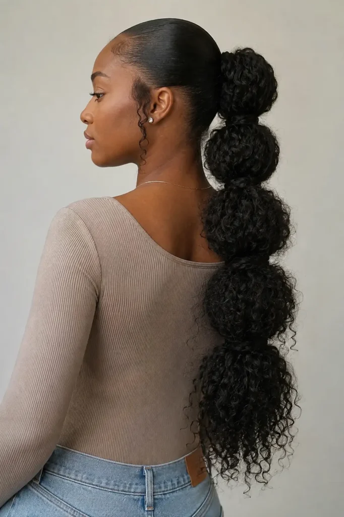woman wearing a long curly bubble ponytail with evenly spaced bubble sections and voluminous defined curls, photographed against a neutral background with soft editorial lighting, highlighting the hairstyle.