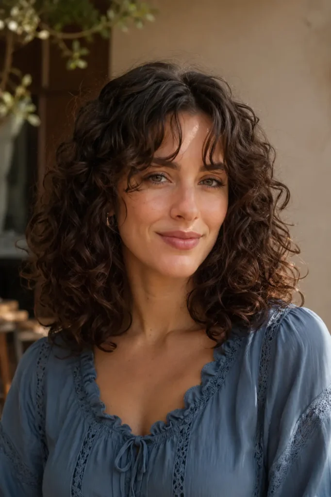 woman in her late 20s with shoulder-length defined curly hair and soft center-parted curly curtain bangs, face-framing curls, natural skin texture, three-quarter front view, wearing a dusty-blue dress.