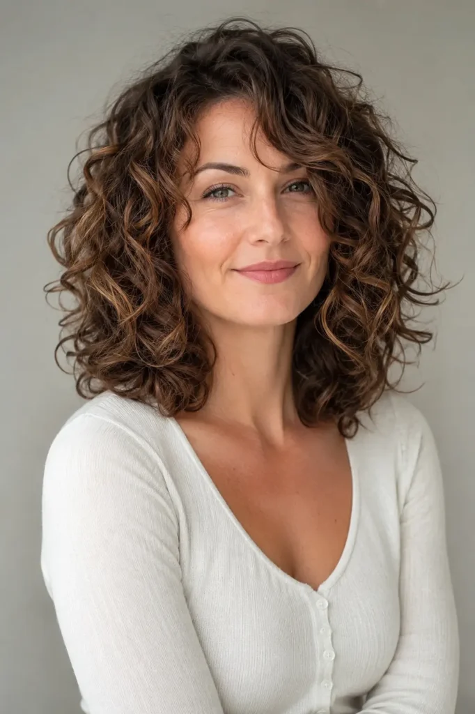 woman around 29 with shoulder-length voluminous curly lob hair and elegant face-framing layers, shown in a three-quarter front view.