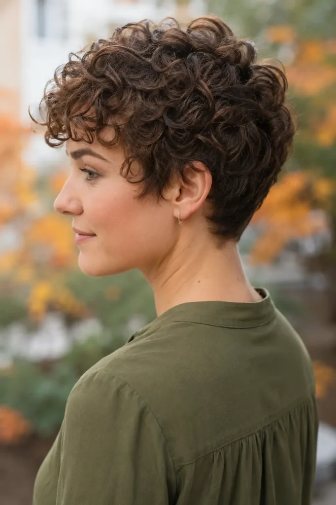 white woman in her late 20s with a short curly chestnut pixie haircut, soft defined curls, tapered sides and back, shown from a three-quarter rear-side angle in a lightweight olive blouse against a softly blurred autumn background.