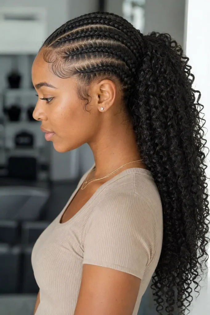 Black woman with sleek cornrow braids flowing into a large curly ponytail, defined natural curls, softly laid edges, and healthy textured hair in a neutral salon setting.