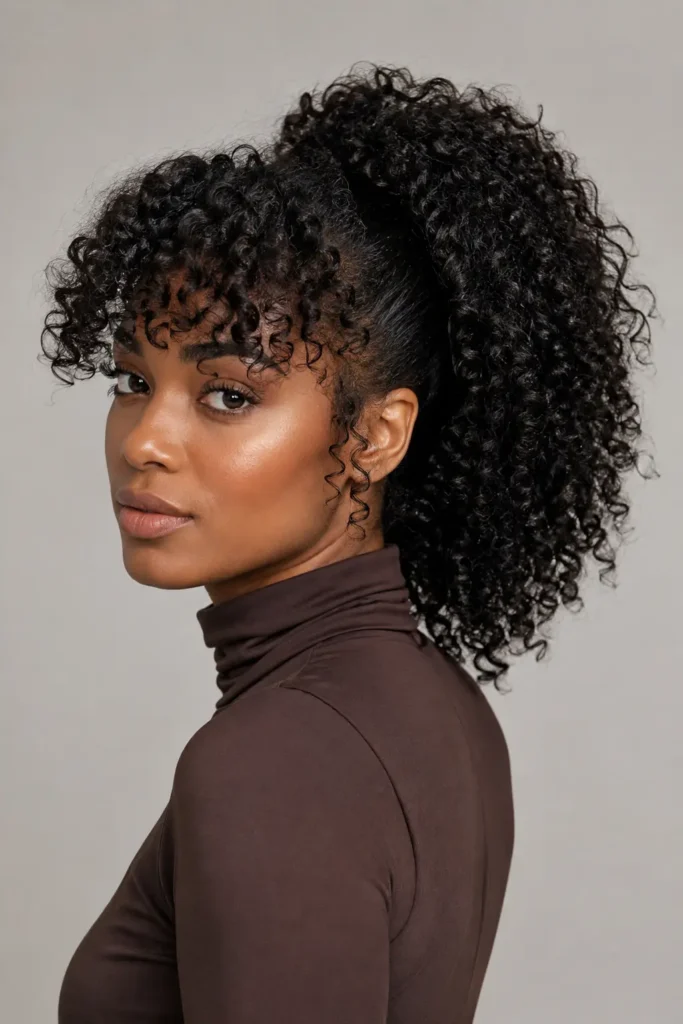 portrait of an everyday Black woman with naturally curly bangs and a voluminous high curly ponytail featuring soft, defined ringlets, natural makeup, realistic skin texture, and a neutral studio background, with the hairstyle as the main focus.