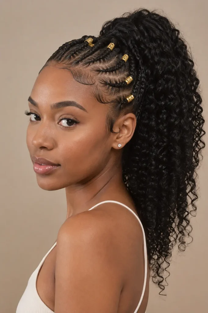 Black woman wearing a medium curly ponytail with elegant gold hair cuffs on small braided sections, showcasing healthy natural curls against a neutral studio background.