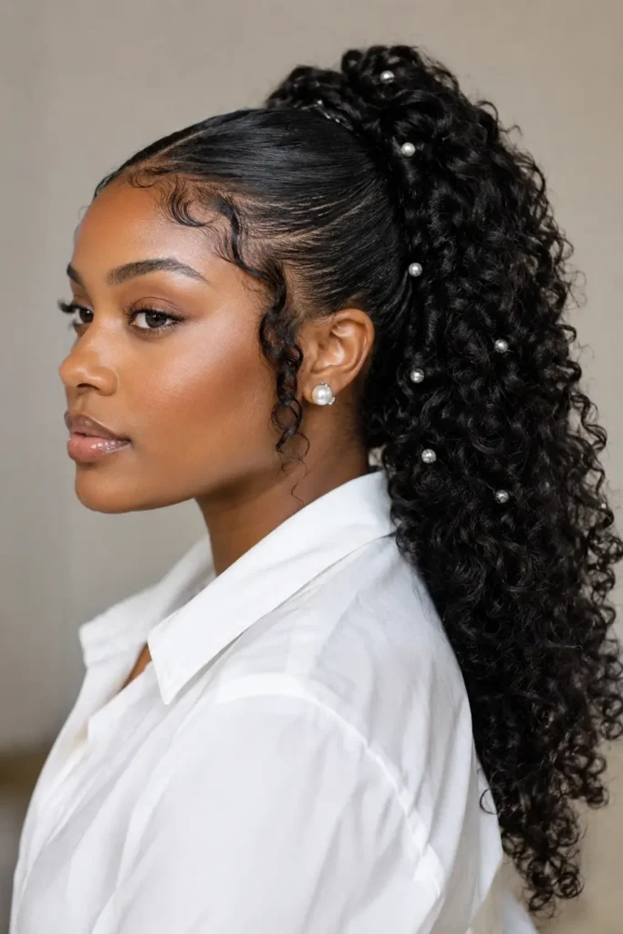 everyday Black woman with an elegant curly ponytail adorned with small pearl hair accessories, defined natural curls, smooth laid edges, minimal makeup, and a white shirt against a soft neutral background.