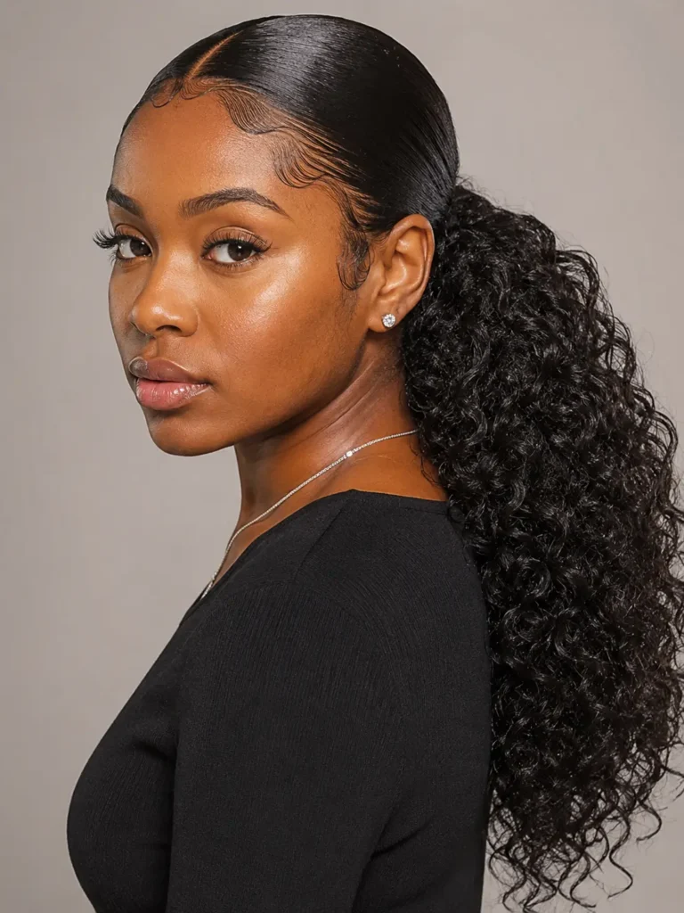 Black woman with a sleek middle-part curly ponytail, laid edges, defined curls, and a neutral studio background, with the hairstyle as the main focus.