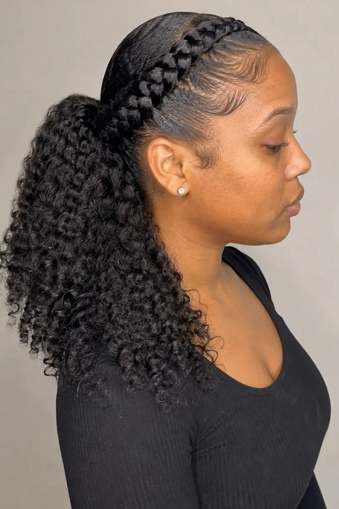 Black woman with a braided crown leading into a voluminous curly ponytail, defined natural curls, neatly braided front, softly laid baby hairs, minimal makeup, and a neutral background in salon-style hairstyle photography.