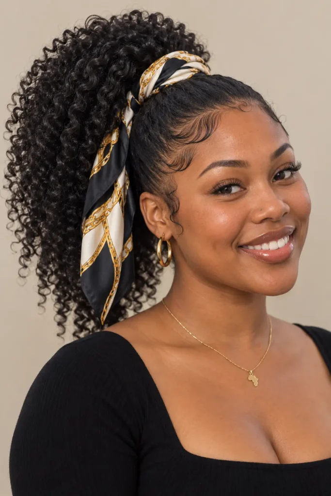 everyday Black woman wearing a voluminous curly ponytail wrapped with an elegant silk scarf, featuring defined natural curls, sleek laid baby hairs, a warm smile, and a neutral background in premium editorial hairstyle photography.
