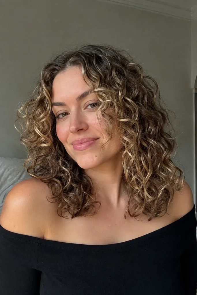 woman with shoulder-length curly hair and subtle brighter face-framing highlights, wearing a black off-the-shoulder top in soft natural light.