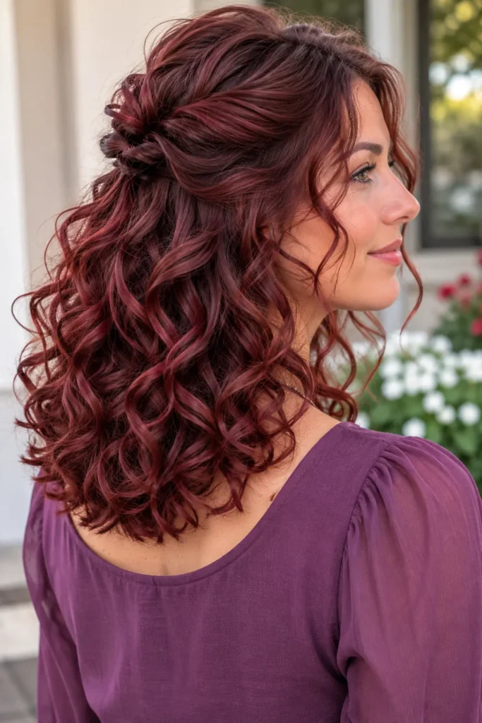 woman around 28 viewed from three-quarter rear, wearing a purple top, with shoulder-length curly hair styled half-up and abundant natural curls cascading over her shoulders in soft outdoor daylight.