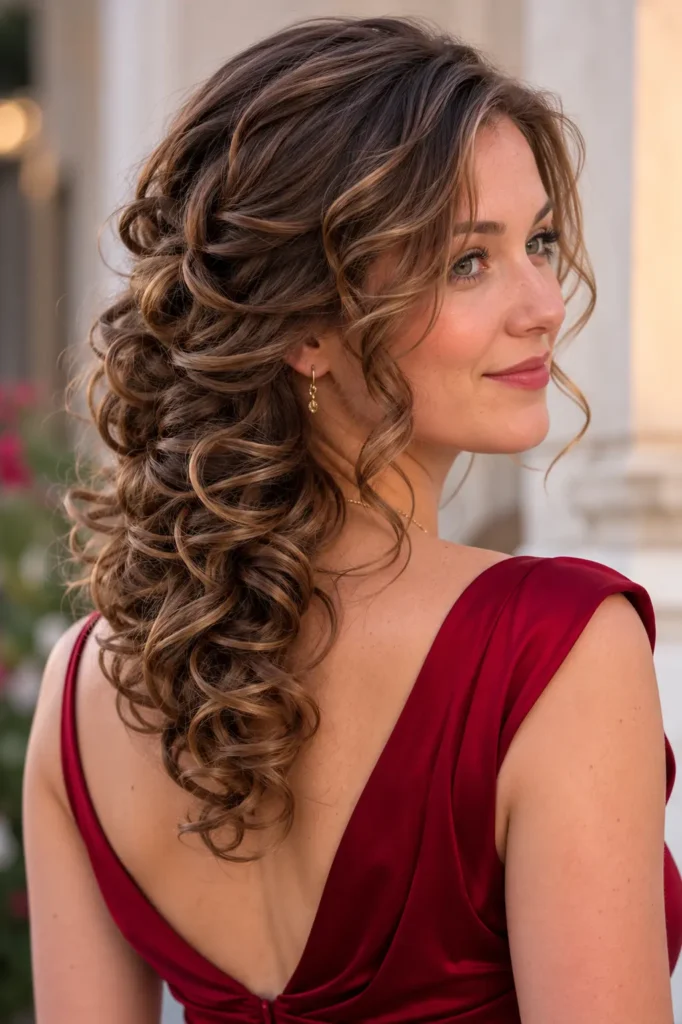 white woman around 27 with shoulder-length brown curls styled in an elegant romantic side sweep, with defined soft ringlets cascading diagonally over one shoulder, shown in a three-quarter rear view with partial profile, wearing a deep red Western-style dress against a softly lit neutral background.
