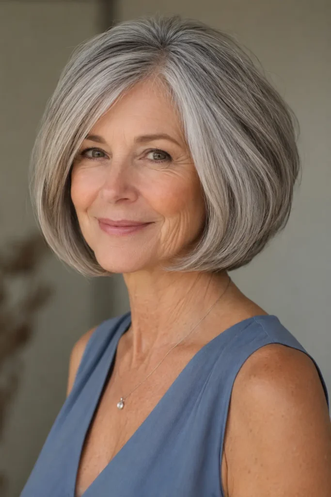 64-year-old white woman with a dimensional silver curved layered bob, softly rounded ends turned inward toward the jawline, subtle internal layers, and gentle crown lift, shown in three-quarter view wearing a sleeveless blue top against a neutral background.