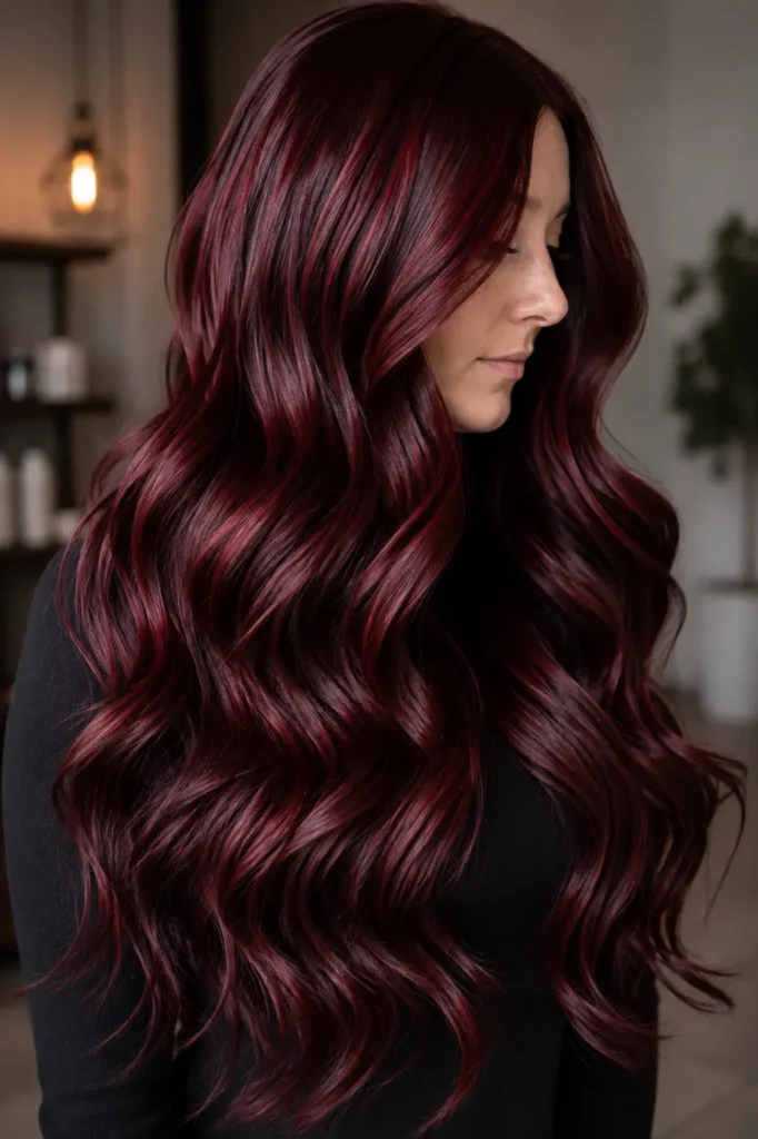 white woman with long dark cherry-red hair styled in glossy waves, featuring deep brunette-black roots with rich ruby and burgundy undertones.