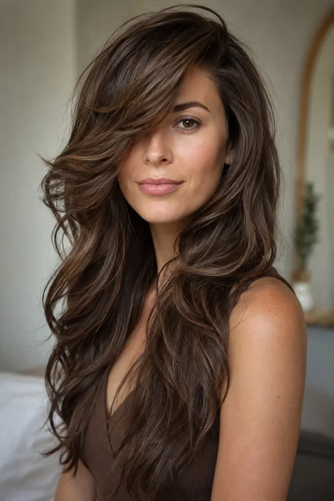 woman in her late 20s with long wavy brunette hair, a dramatic deep side part, and sweeping side bangs covering part of her forehead, styled with lifted roots and soft face-framing movement, wearing a brown sleeveless top against a neutral background