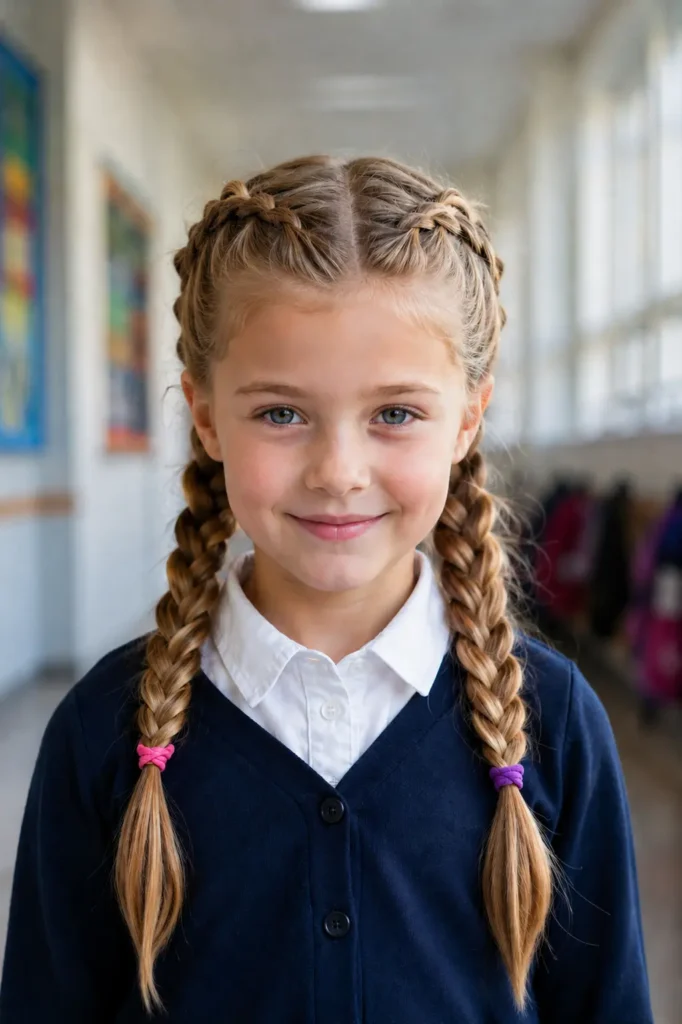 Young blonde girl wearing a navy school cardigan with two neat Dutch braids, a clean center part, and colorful elastics, standing in a softly blurred school hallway with natural daylight highlighting the hairstyle.