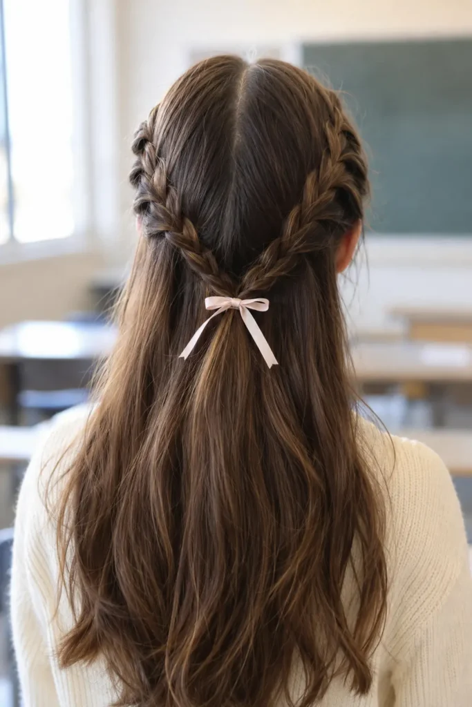 Young white girl with a clean middle-part hairstyle featuring two delicate half-up braids secured at the back with a small pastel bow, long soft brown hair flowing naturally, wearing a modest cream school sweater in a bright, softly blurred classroom with natural window light.