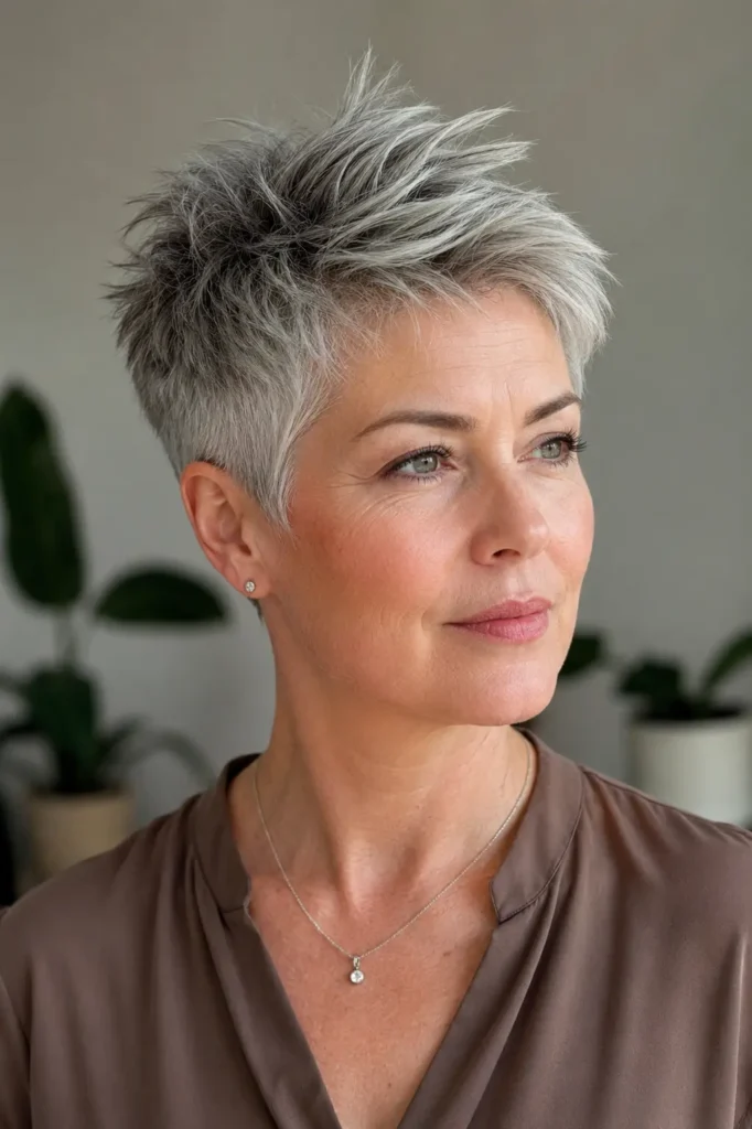 A mature white woman with a dramatically tapered, textured silver pixie haircut styled upward, shown in a three-quarter view.
