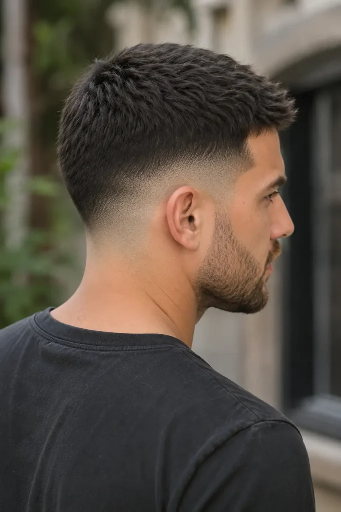 man around 29 with a clean drop fade haircut, curved fade dropping behind the ears, short textured hair on top, and natural skin texture, shown from a three-quarter rear-side view in daylight.