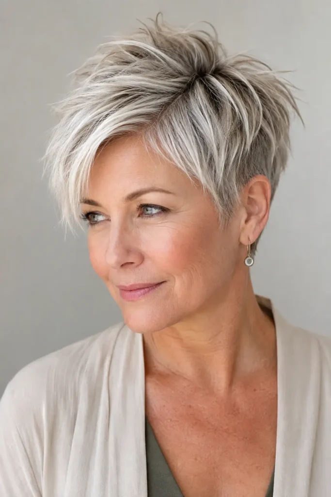 a mature white woman with an edgy choppy silver-blonde pixie haircut, defined side part, tapered sides and nape, and textured crown with piecey ends, shown in a three-quarter front view.