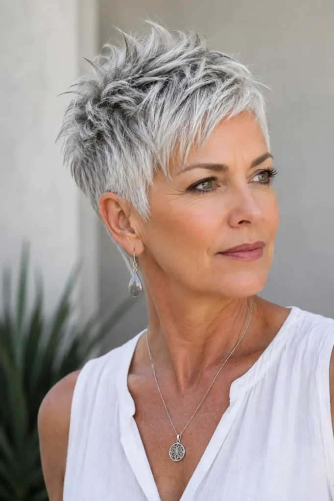 mature white woman with an edgy silver-gray choppy pixie haircut, textured tousled crown, tapered sides, natural skin texture, and a white summer outfit in a softly blurred outdoor setting.