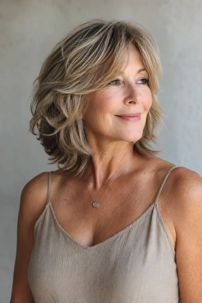 a white woman around 60 with an elegant layered haircut for thin hair, soft loose waves, subtle crown volume, face-framing layers, and fuller-looking ends, shown in a three-quarter view against a neutral background in natural daylight.