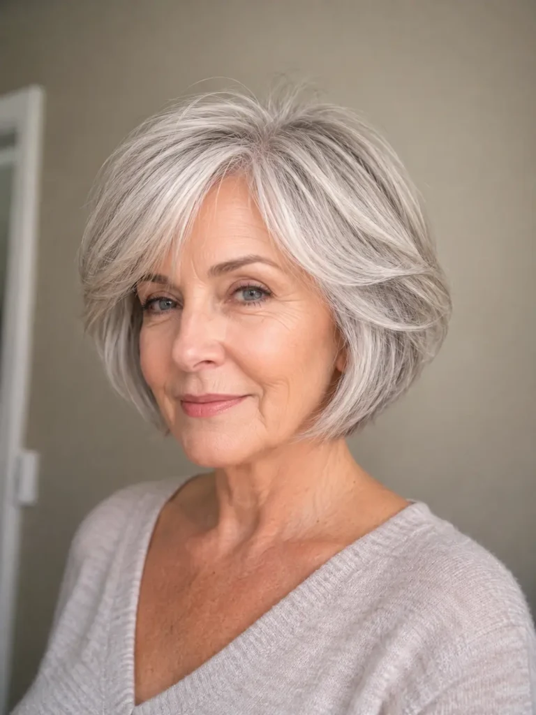 woman in her mid-60s with an elegant silver layered bob, featuring lifted crown volume, soft layers, polished ends, and dimensional silver-white strands, shown in a three-quarter view against a neutral background in natural daylight.